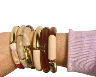 Bracelet élastique, bracelet tube, beige et marron, superposable, bracelet empilable, cadeau femme, bijou copine, chic, Misdi by Diane