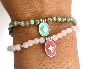 compass rose bracelet, simple and chic, lithotherapy stone, gemology, natural stone, jasper, pink quartz, stone jewelry, Misdi by Diane