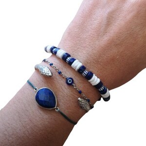 Bracelet pierres, bracelet coquillage, bracelet surfeur, bijou surfeur heishi, bijou vacance, souvenir vacance, idée cadeau, Misdi by Diane Lapis lazuli