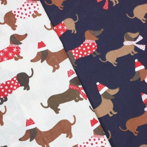Cute Dogs in Christmas Jumpers Polycotton fabric material - Festive Sausage Dogs Xmas Crafting Fabric