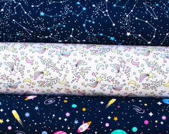Navy Stars Constellation Space Fabric 100% Cotton Poplin Fabric by the metre - Quilting, Crafts, Sewing - Galaxy Night Sky Planets Metallic