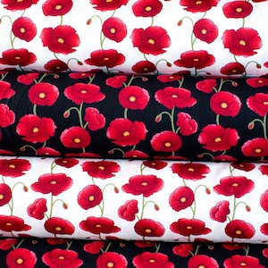 Red Poppy Floral 100% Cotton Poplin Fabric by the metre - Quilting, Crafts, Sewing - Poppies Floral Fabric Remembrance Day
