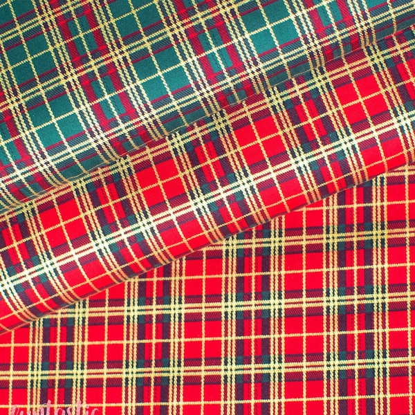 Tissu tartan 100 % coton doré métallisé au mètre - courtepointe, travaux manuels, couture - tissu tartan traditionnel de Noël rouge or vert