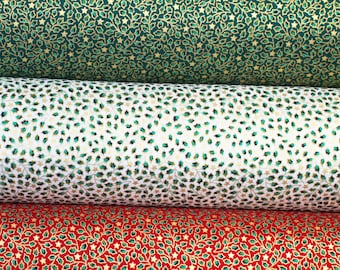 Mini Holly and Stars 100% Cotton Christmas Fabric - Quilting, Crafts, Sewing - Metallic Christmas Fabric