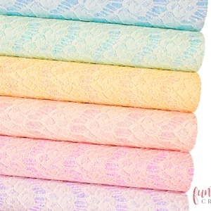Iridescent Glitter Lace Faux Leather Fabric - Pastel Rainbow Glitter Lace Textured Fabric for Crafts and Bows