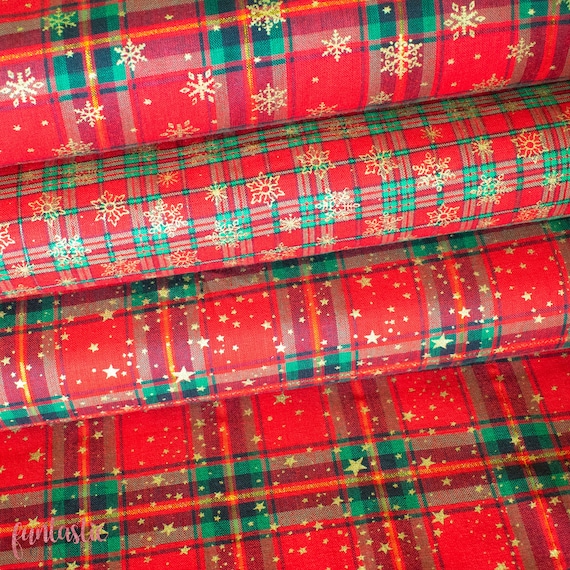 Metallic Gold Snowflakes / Stars on Red Tartan 100% Cotton Christmas Fabric - Quilting, Crafts, Sewing - Christmas tartan fabric