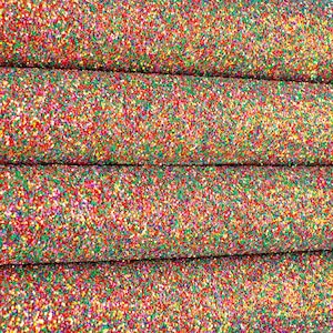 Santa&#39;s Helper Christmas Chunky Glitter Fabric Sheet for Crafts and Bows - Red, Green and Gold Chunky Glitter Fabric