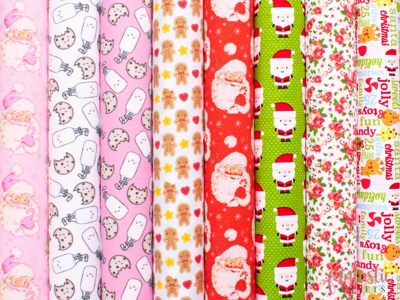 May include: A set of 10 fabric panels featuring various Christmas-themed patterns. The patterns include Santa Claus, gingerbread men, milk bottles, cookies, and floral designs. The fabric is white with red, green, and brown accents.