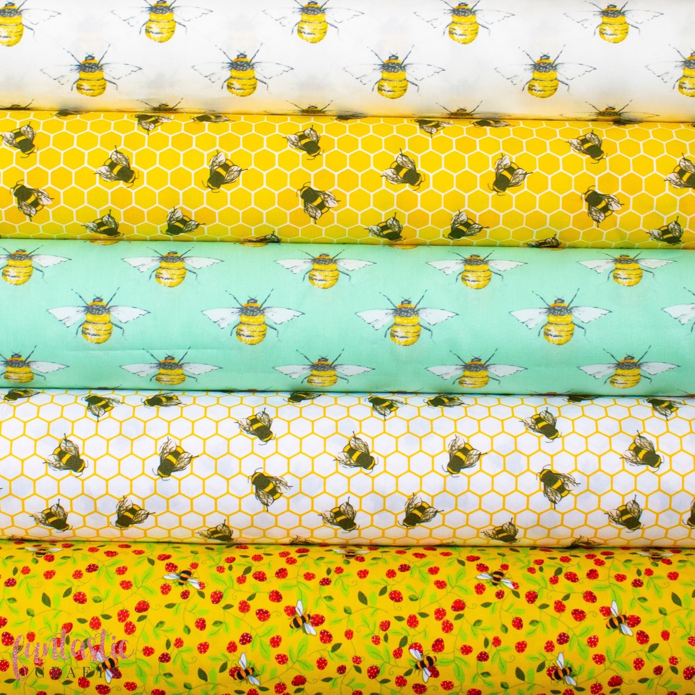 Honeycomb Bees Fabric 100% Cotton Poplin Fabric by the metre - Quilting, Crafts, Sewing - Honey Bees Bumblebee Material