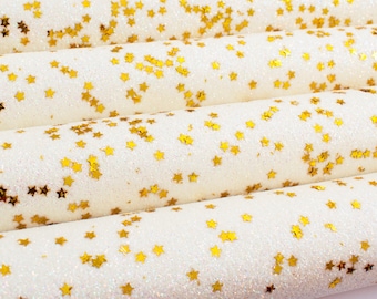 Estrelas douradas em folha de tecido com glitter fino branco iridescente qualidade premium artesanato em tecido com glitter de natal