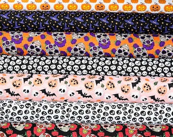 Halloween Polycotton Stoff Fat Quarter, halber Meter oder Meter - Kürbisse Fledermäuse Schädel Halloween Kostüme Dekostoff
