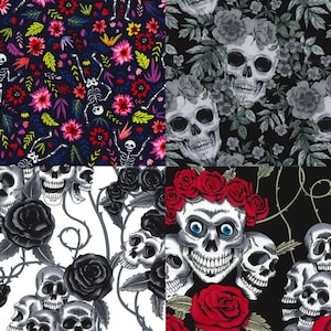 Skulls and Roses Floral Print 100% Cotton Fabric by the metre - Quilting, Crafts, Sewing - Halloween Floral Skulls Skeletons
