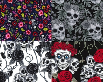 Skulls and Roses Floral Print 100% Cotton Fabric by the metre - Quilting, Crafts, Sewing - Halloween Floral Skulls Skeletons