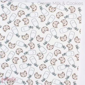 May include: White fabric with a repeating pattern of brown cookies with a bite taken out of them and white milk bottles with a straw. The text "Cream Milk & Cookies" is at the top of the fabric.