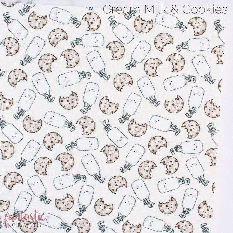 May include: White fabric with a repeating pattern of brown cookies with a bite taken out of them and white milk bottles with a straw. The text "Cream Milk & Cookies" is at the top of the fabric.