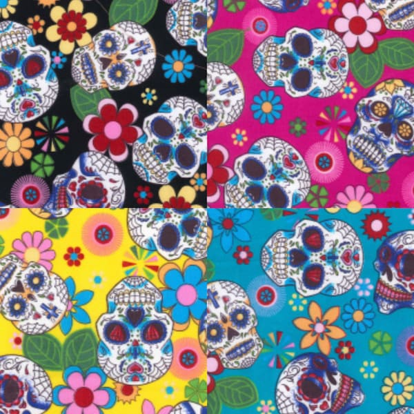 Tissu popeline 100 % coton Sugar Skulls Day of the Dead au mètre - courtepointe, travaux manuels, couture - impression florale de têtes de mort d'Halloween