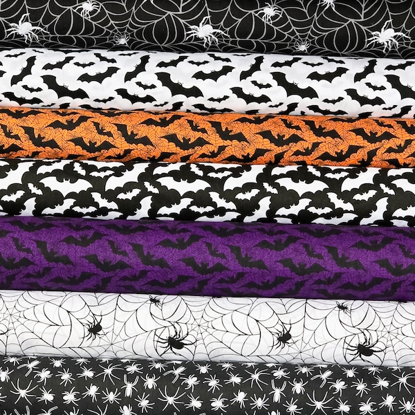 Halloween Polycotton Fabric Fat quarter, half metre or metre - Pumpkins Bats Skulls - Halloween Costumes Decor Fabric