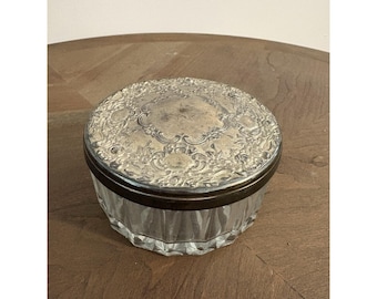 Crystal Glass Embossed Silver Plated Lid Vintage Powder Box Jewelry Trinkets
