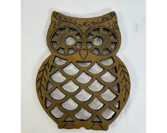Vintage Cast Iron Owl Trivet, Gold Tone MCM Wall Decor (9" Inches)