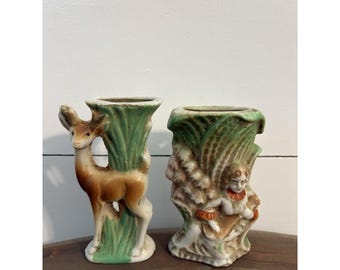 Vintage Ceramic Hand Painted MCM Deer Figurine Mini Vases Made In Japan