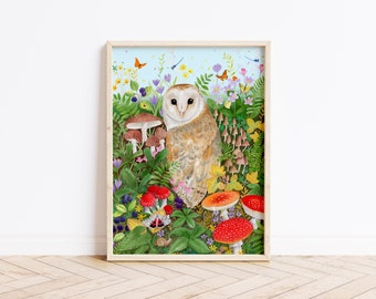 Owl Giclee Art Print, Wildlife Animal Wall Art, Botanical Print, Large Prints, Poster, Modern Wildlife Art, Flower Wall Art Floral