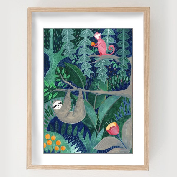 Monkey and Sloth Art Print, Jungle Print, Sloth Wall Art, Childrens Jungle Wall Art, Art Print for Nursery, Cheeky Monkey Illustration