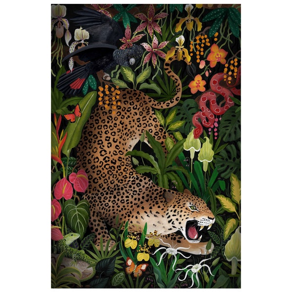 Leopard Giclee Art Print, Jungle Animal Wall Art, Botanical Print, Large Prints, Green Print, Leopard Poster, Modern Art