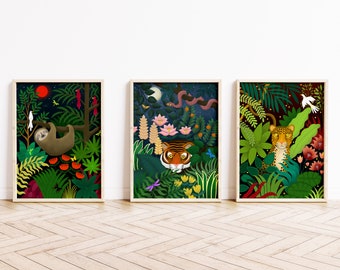 Henri Rousseau Style Prints, Set of 3 Botanical Wall Art, Tropical Jungle Poster, Emerald Green, Tiger Leopard & Sloth, Giclee Prints