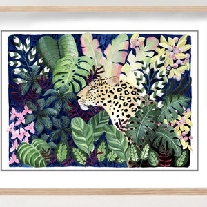 Botanical Leopard Giclée Art Print, Jungle Print, Leopard Illustration, Tropical Wall Art, Watercolour Leopard Painting, Watercolor Leopard