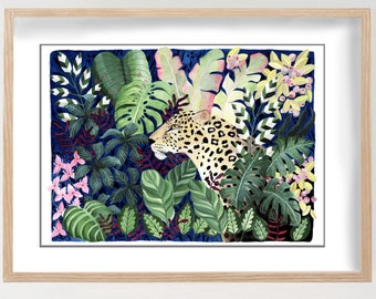 Botanical Leopard Giclée Art Print, Jungle Print, Leopard Illustration, Tropical Wall Art, Watercolour Leopard Painting, Watercolor Leopard