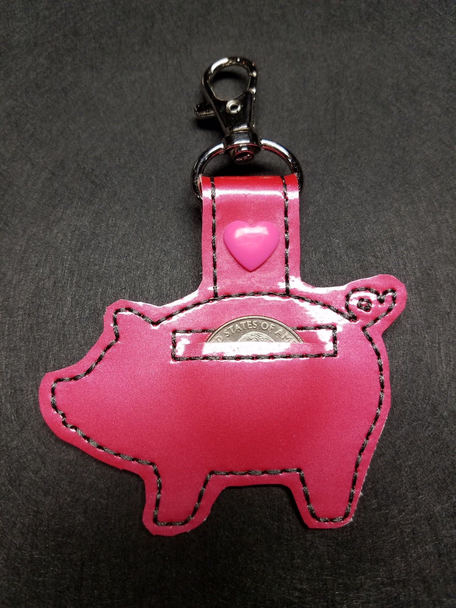 Piggy Bank Quarter Keeper Key Fob With Pink Heart Snap Etsy