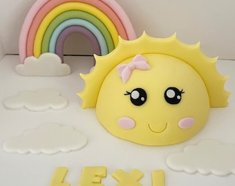 Handmade sugar sunshine & rainbow  birthday party cake topper personalised decorations clouds name you are my sunshine