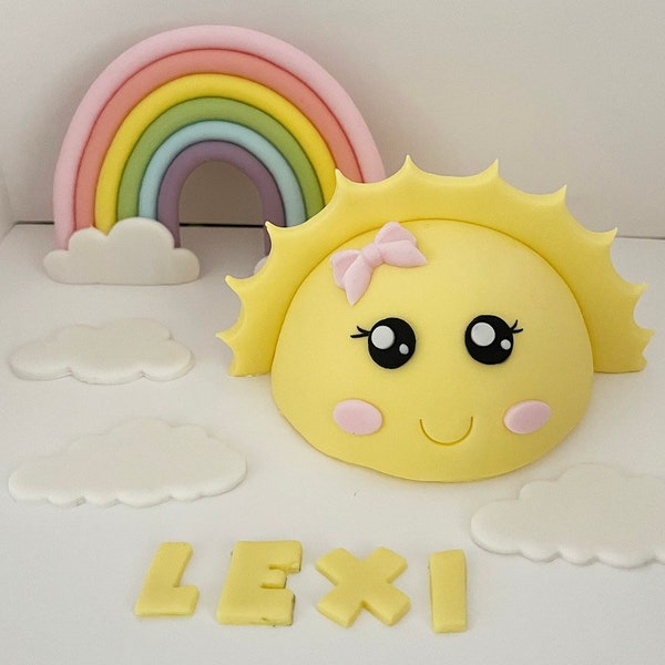 Handmade sugar sunshine & rainbow  birthday party cake topper personalised decorations clouds name you are my sunshine