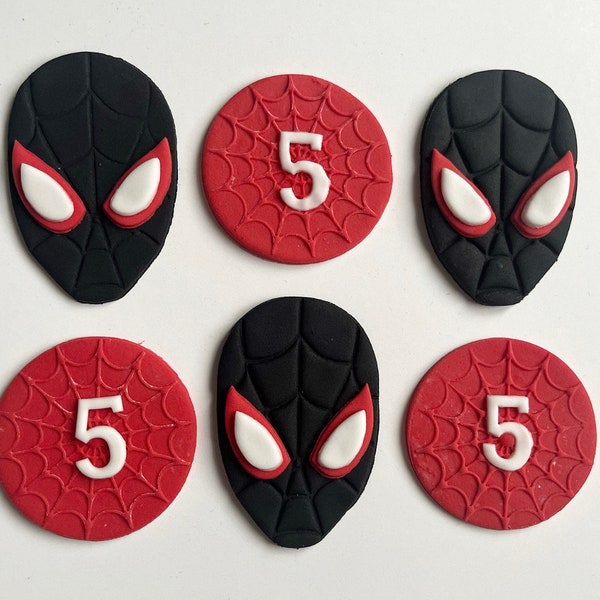 Handmade edible sugar spider man Miles Morales birthday party cupcake toppers personalised with age superhero themed