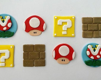 Set of 8 handmade edible sugar super Mario cupcake toppers mushroom, bricks and question blocks piranha plants