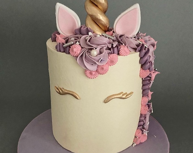 Unicorn birthday cake decorating kit horn ears lashes sugar edible handmade gold