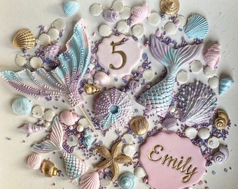 EXTRA LARGE Edible sugar pastel Rainbow mermaid themed cake topper set, tails, shells & sprinkles, name and age personalised birthday gold