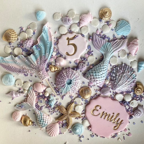 EXTRA LARGE Edible sugar pastel Rainbow mermaid themed cake topper set, tails, shells & sprinkles, name and age personalised birthday gold