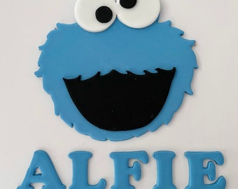 Edible sugar Cookie Monster  personalised cake topper & name set for birthday cake handmade