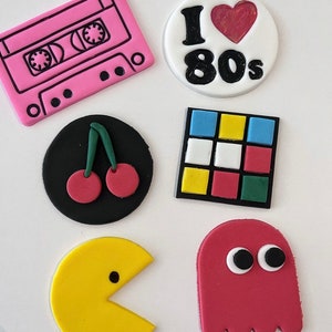 Set of 6 handmade edible sugar 1980’s themed cupcake toppers cassette tape, pac-man, cherries, rubix blocks cake decorating set