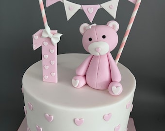 Teddy bear fondant cake topper set with bunting and number birthday christening baby shower pink blue neutral