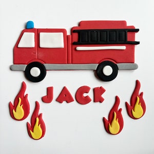 Edible fondant personalised fire engine cake topper set for birthday cake handmade with name and flames