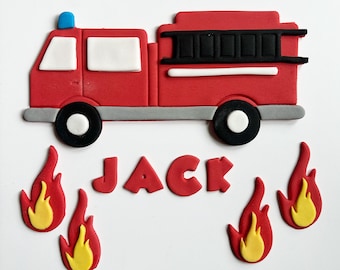 Edible fondant personalised fire engine cake topper set for birthday cake handmade with name and flames