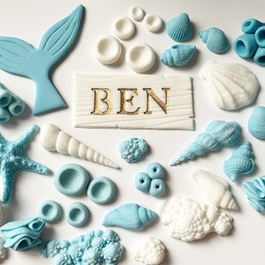 May include: A blue and white fondant cake topper featuring a mermaid tail, starfish, seashells, and coral. The topper also includes a white sign with the name "BEN" written in gold.