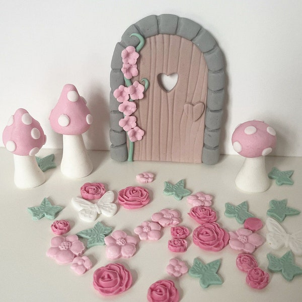 Cute Woodland fairy door fondant cake topper decorations birthday christening baby shower leaves flowers toadstools butterflies