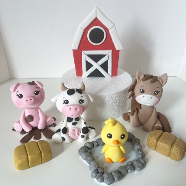 Handmade edible cute farmyard cake toppers decorations Old MacDonald Farm cow pig chick animal theme birthday barn