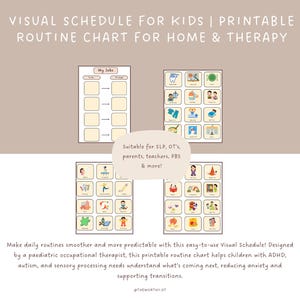 Pode incluir: Cronograma visual imprimível para crianças com ilustrações coloridas de rotinas diárias.  Adequado para fonoaudiólogos, terapeutas ocupacionais, pais, professores, PBS e muito mais!  Torne as rotinas diárias mais suaves e previsíveis com este cronograma visual fácil de usar.  Projetado por um terapeuta ocupacional pediátrico, este gráfico de rotina imprimível ajuda as crianças com TDAH, autismo e necessidades de processamento sensorial a entender o que vem a seguir, reduzindo a ansiedade e apoiando as transições.