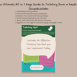 Może przedstawiać: Przewodnik zatytułowany "The Ultimate All in 1 Page Guide to Toileting from a Paeds OT". Przewodnik zawiera wskazówki dotyczące gotowości do korzystania z toalety, konfiguracji otoczenia i strategii szkoleniowych. Przewodnik zawiera również 14+ skutecznych wskazówek.