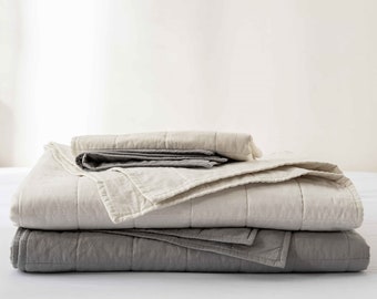 Linen Cotton Quilt Pcs Set, Linen Blend Quilt & Pillow Shams, Stone Washed Lofty French Linen coverlet set