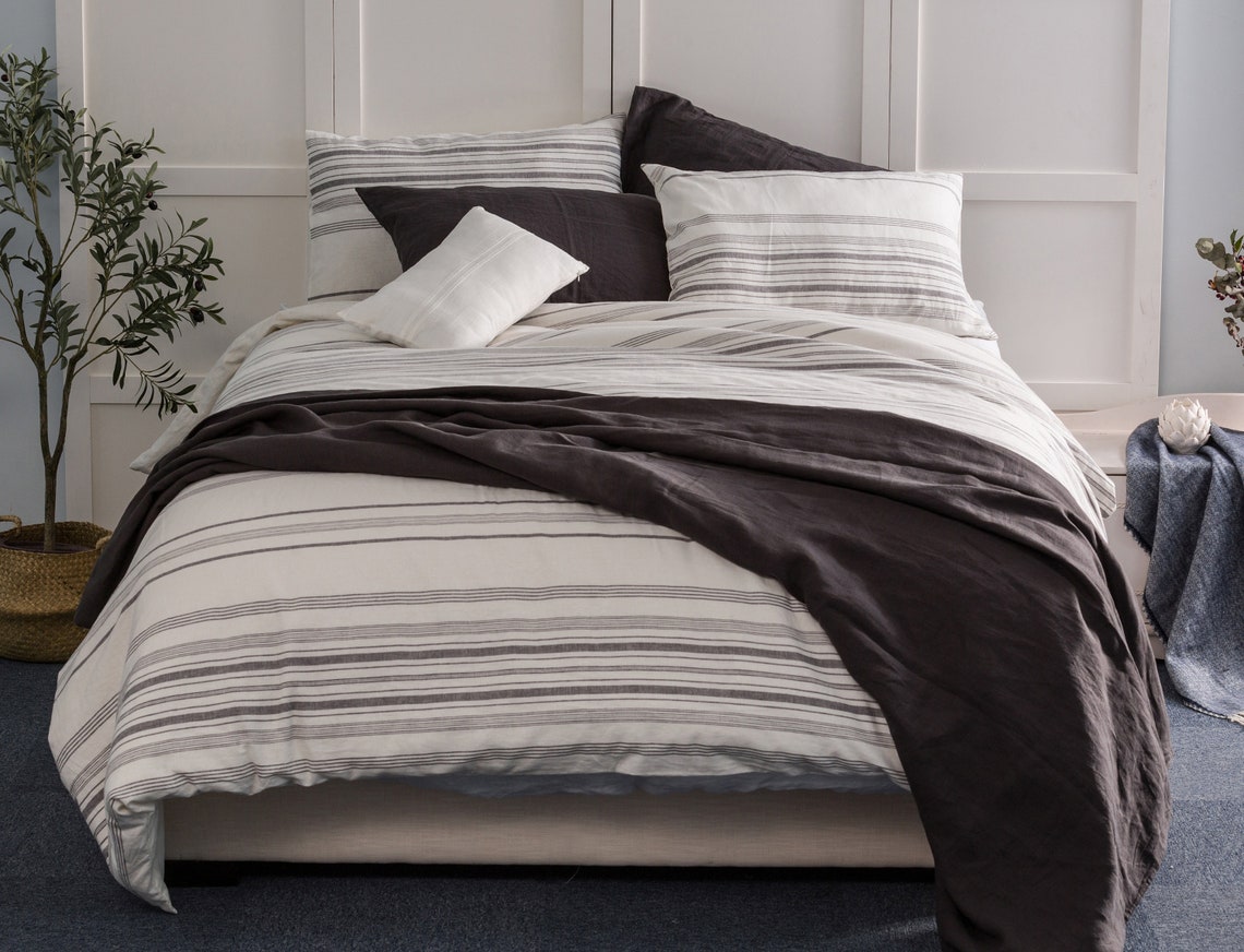 LINEN BLEND DUVET Cover Set 3pcs Striped Linen Blend Bedding Etsy